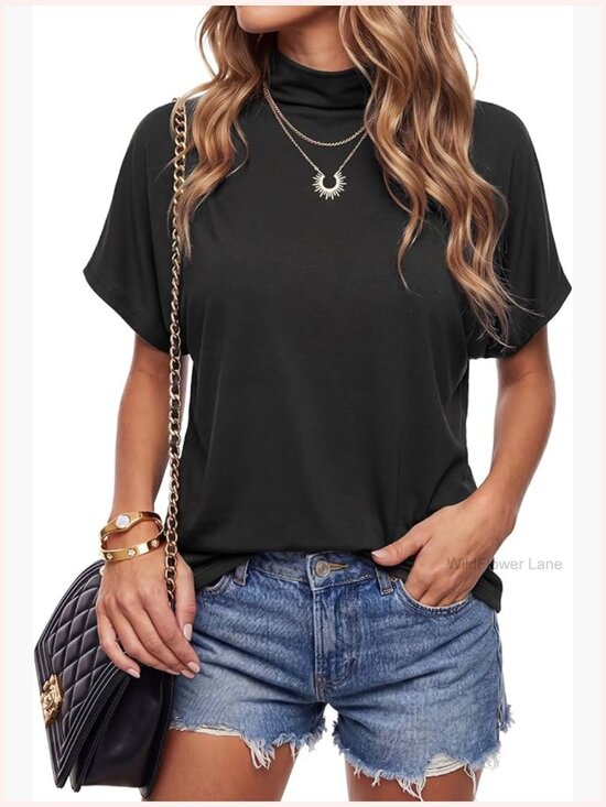 Tops - Mock Neck Batwing Short Sleeve Asymmetric Hem Blouse